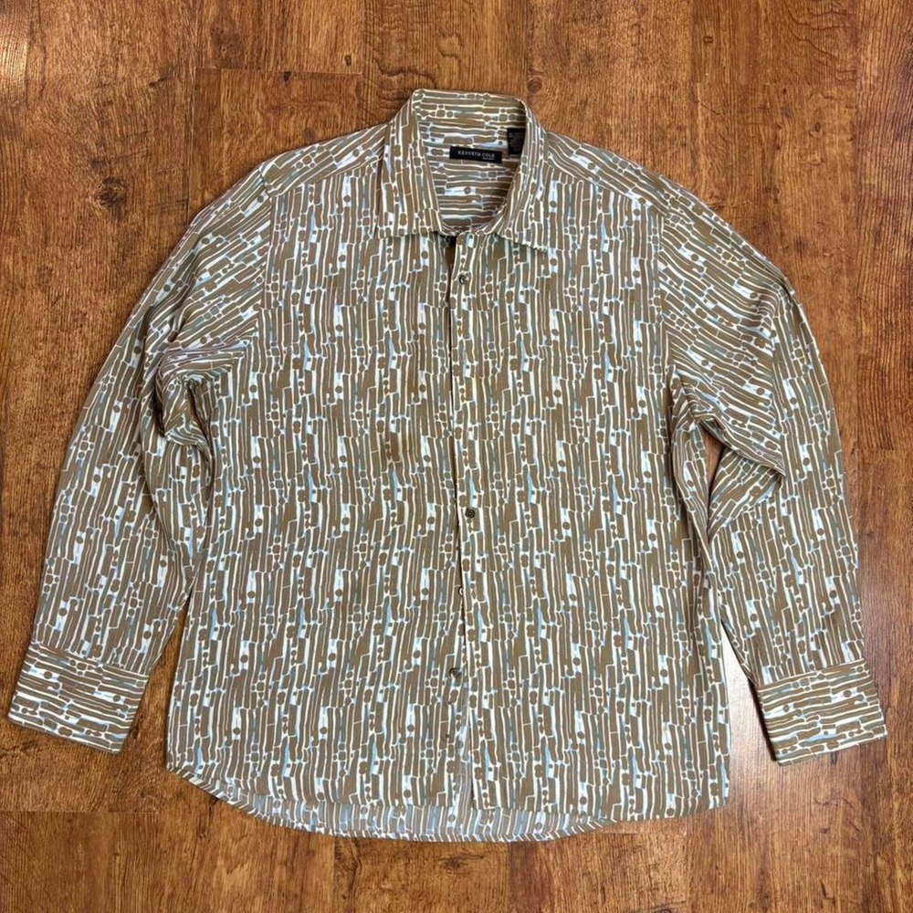 Kenneth Cole New York Mens XL Abstract Geometric Print Button Down Shirt Brown